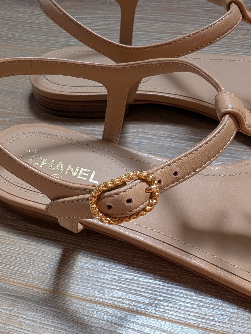 CHANEL Tan Leather T-Strap Sandals with Gold CC Hardware - Picture 6 of 9
